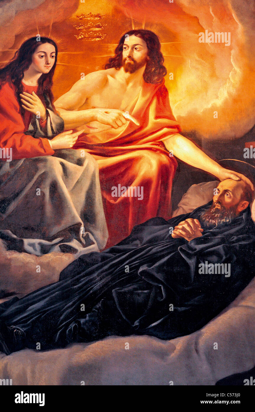 L'Espagne, La Rioja : peinture montrant Jésus Christ avec l'église de San Millán de Yuso Monasterio de San Millan de la Cogolla Banque D'Images