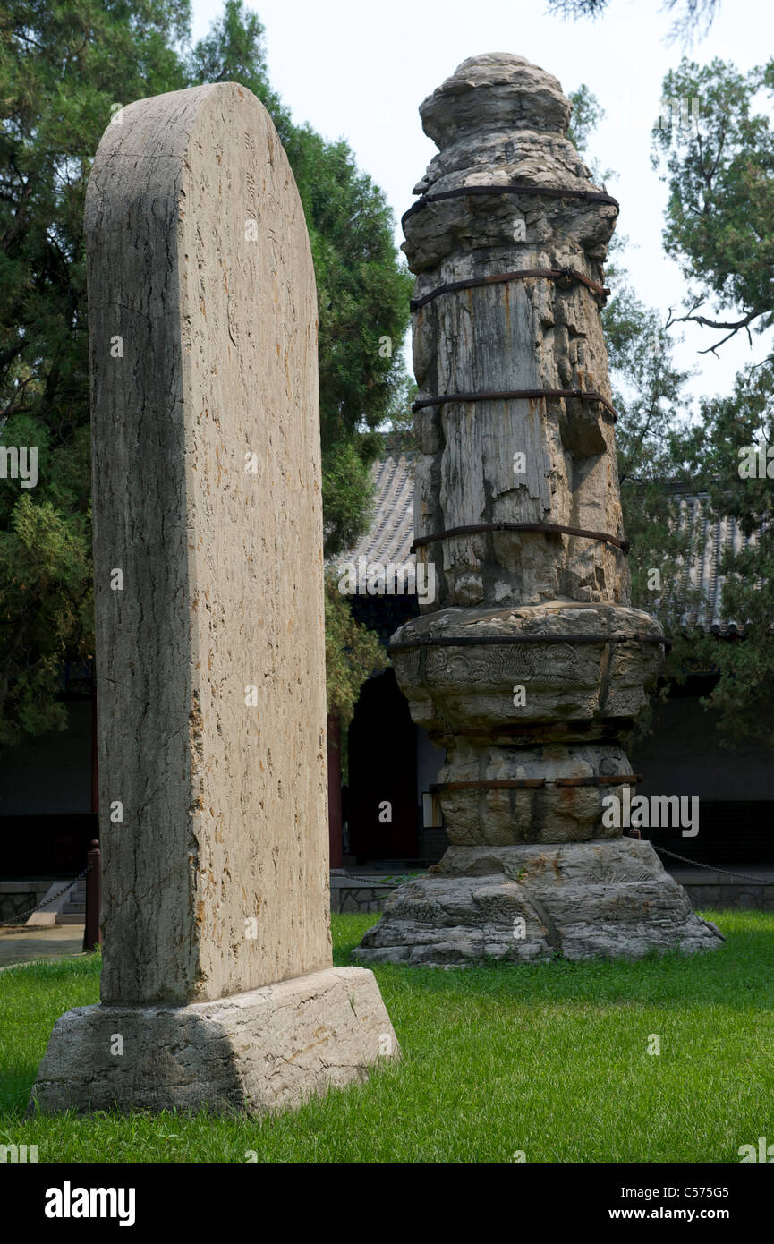 Tiankuang stèle Hall (dynastie des Song, à l'avant) , pierre pilier (entre la dynastie Tang et Song) dans Dai Temple, Shandong, Chine. Banque D'Images