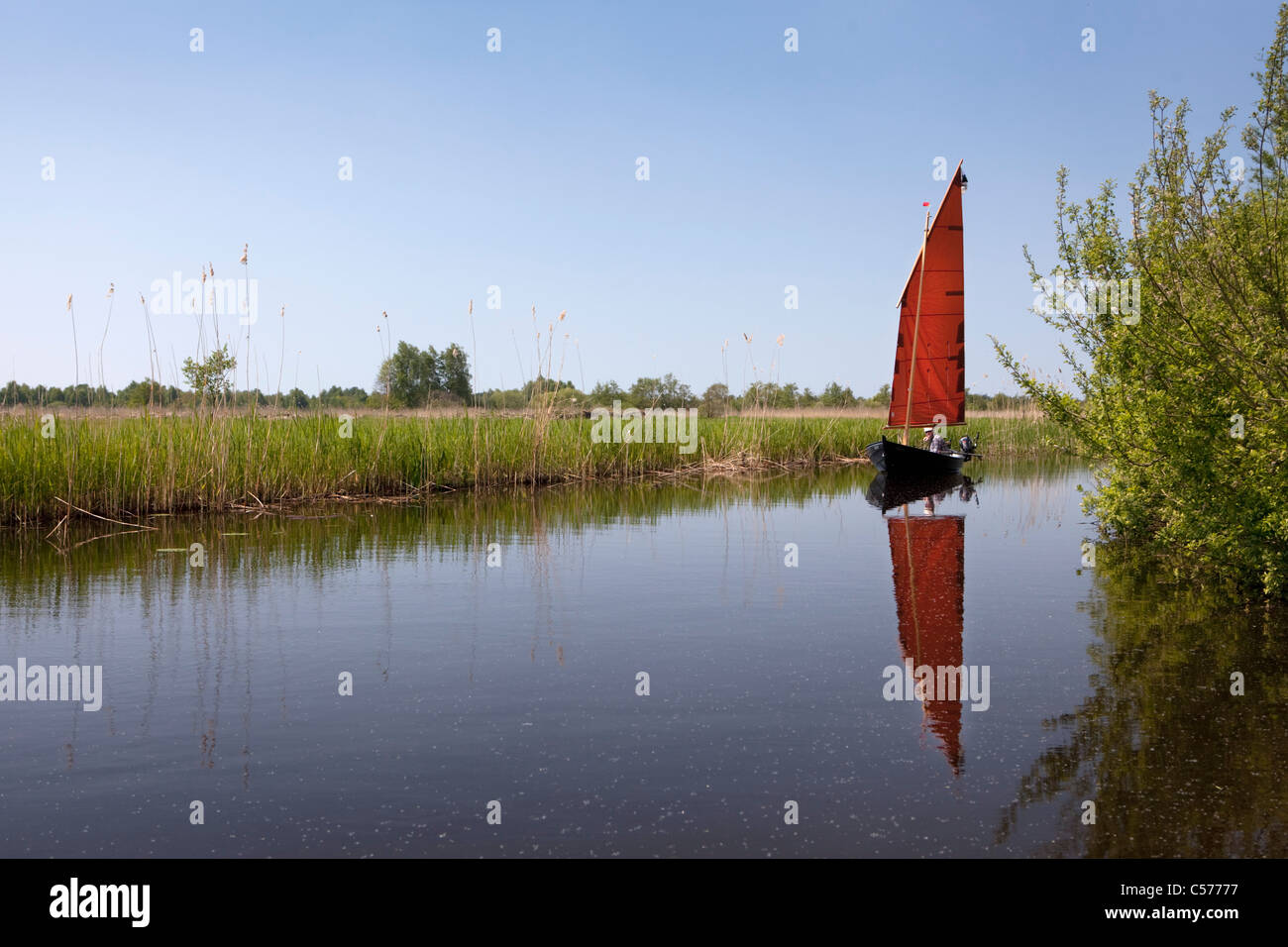 Les Pays-Bas, Kalenberg, Petit bateau à voile, appelée en Zeilpunter Giethoornse appelé parc national de Weerribben-Wieden. Banque D'Images