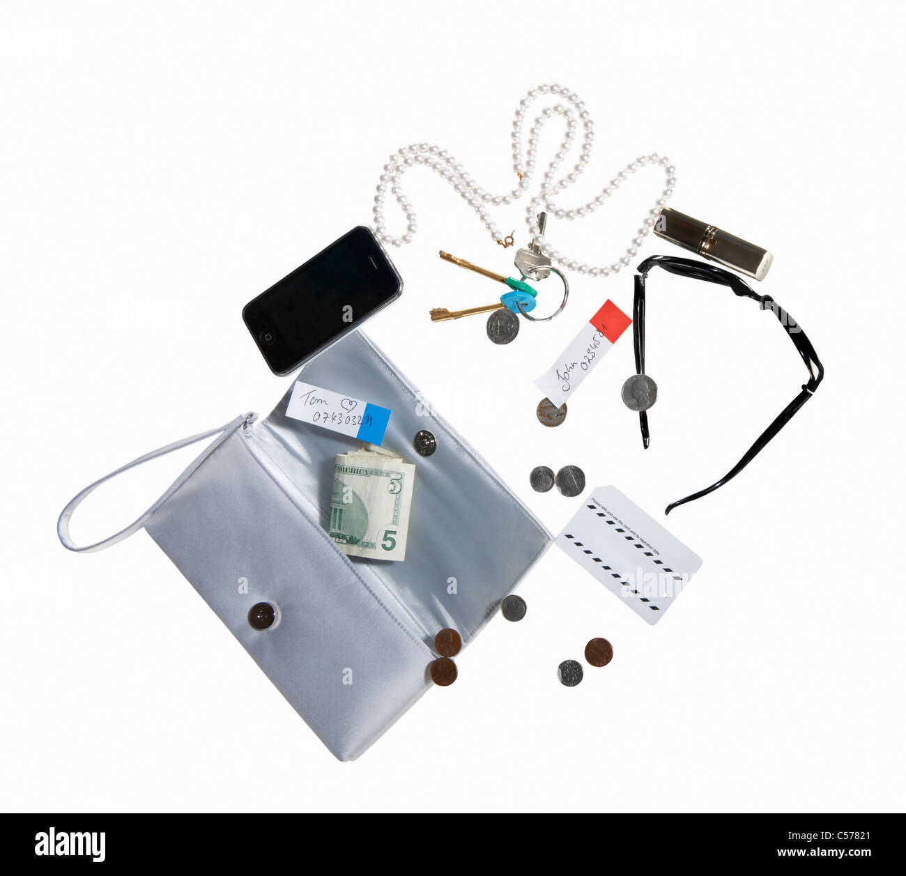 Sac à main avec le portable, l'argent, bijoux Banque D'Images Sac à main avec le portable, l'argent, bijoux Banque D'Images