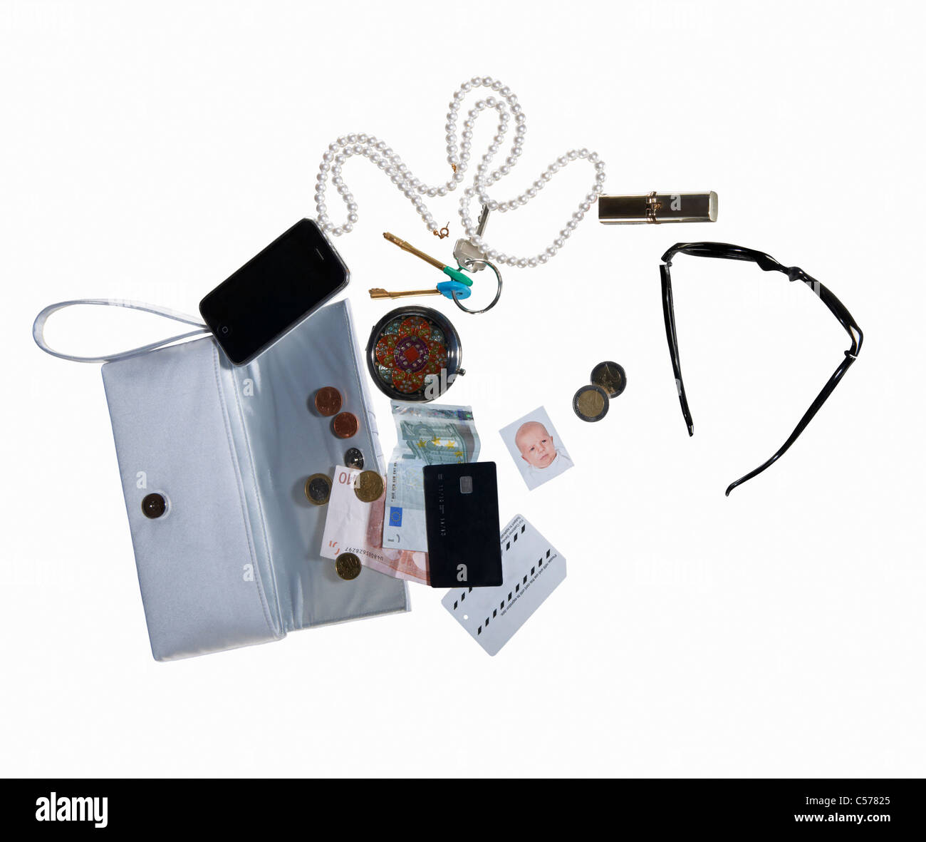 Sac à main avec le portable, l'argent, bijoux Banque D'Images Sac à main avec le portable, l'argent, bijoux Banque D'Images
