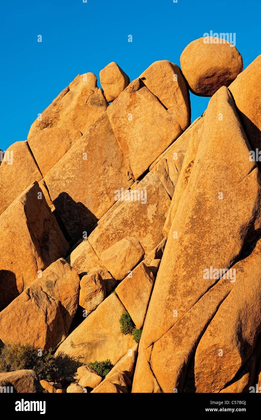 Soir lumière baigne les rochers de granit de forme géométrique de Jumbo Rocks in California's Joshua Tree National Park. Banque D'Images