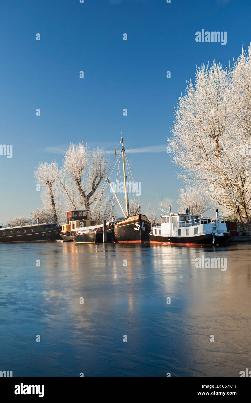 Les Pays-Bas, Nigtevecht, bateaux de rivière appelée Vecht. L'hiver, le gel. Banque D'Images