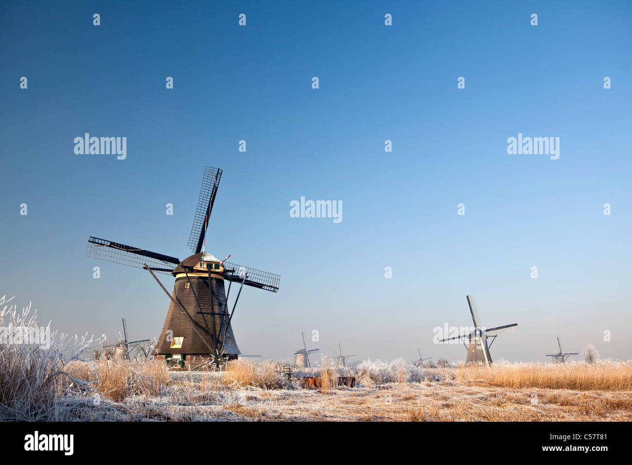 Les Pays-Bas, Kinderdijk, moulins à vent dans la neige, UNESCO World Heritage Site. Banque D'Images