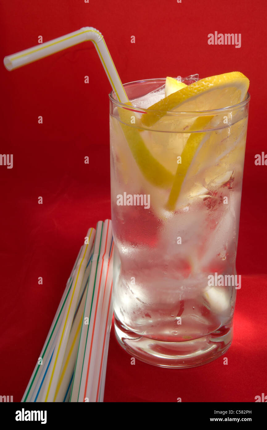 Glace rafraîchissante de l'eau et des tranches de citron. Banque D'Images