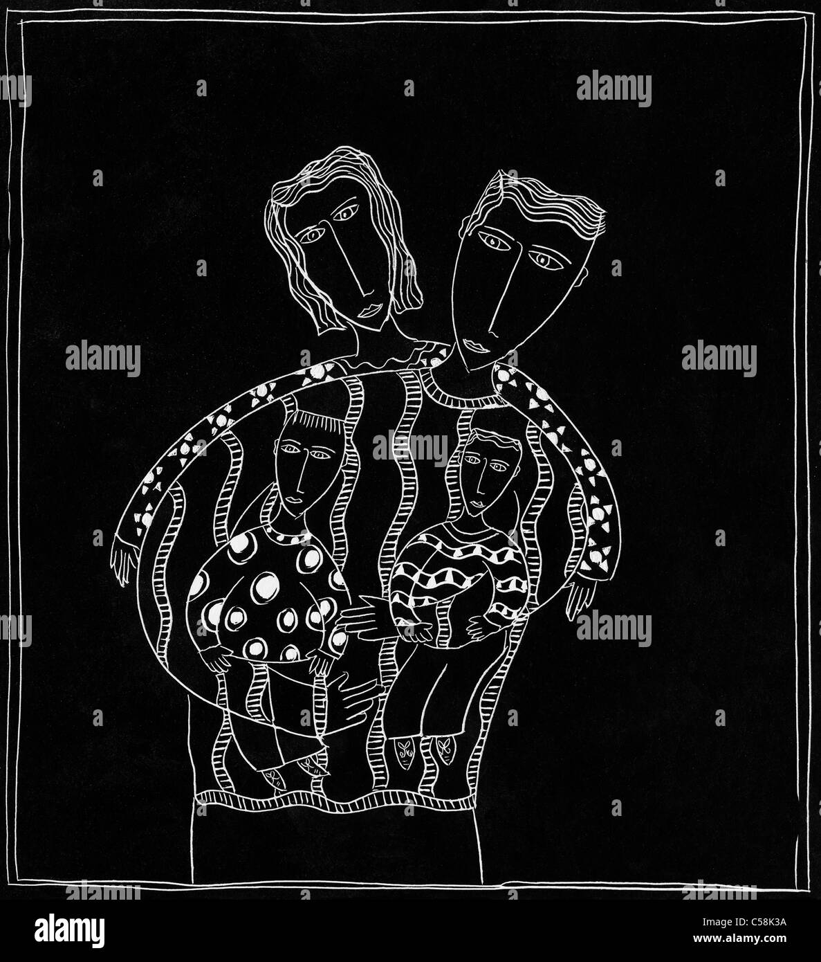 Illustration en noir et blanc de parents embrassant des enfants Banque D'Images Illustration en noir et blanc de parents embrassant des enfants Banque D'Images