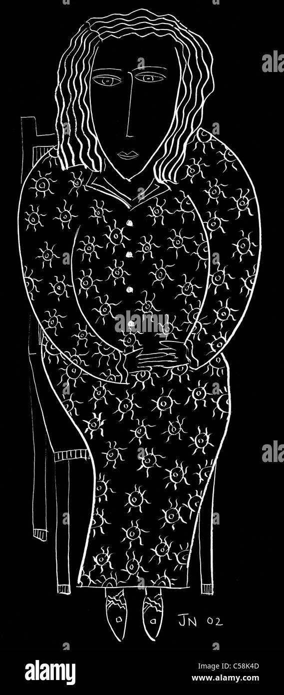 Femme assise Black and White Line Art Portrait Banque D'Images Femme assise Black and White Line Art Portrait Banque D'Images