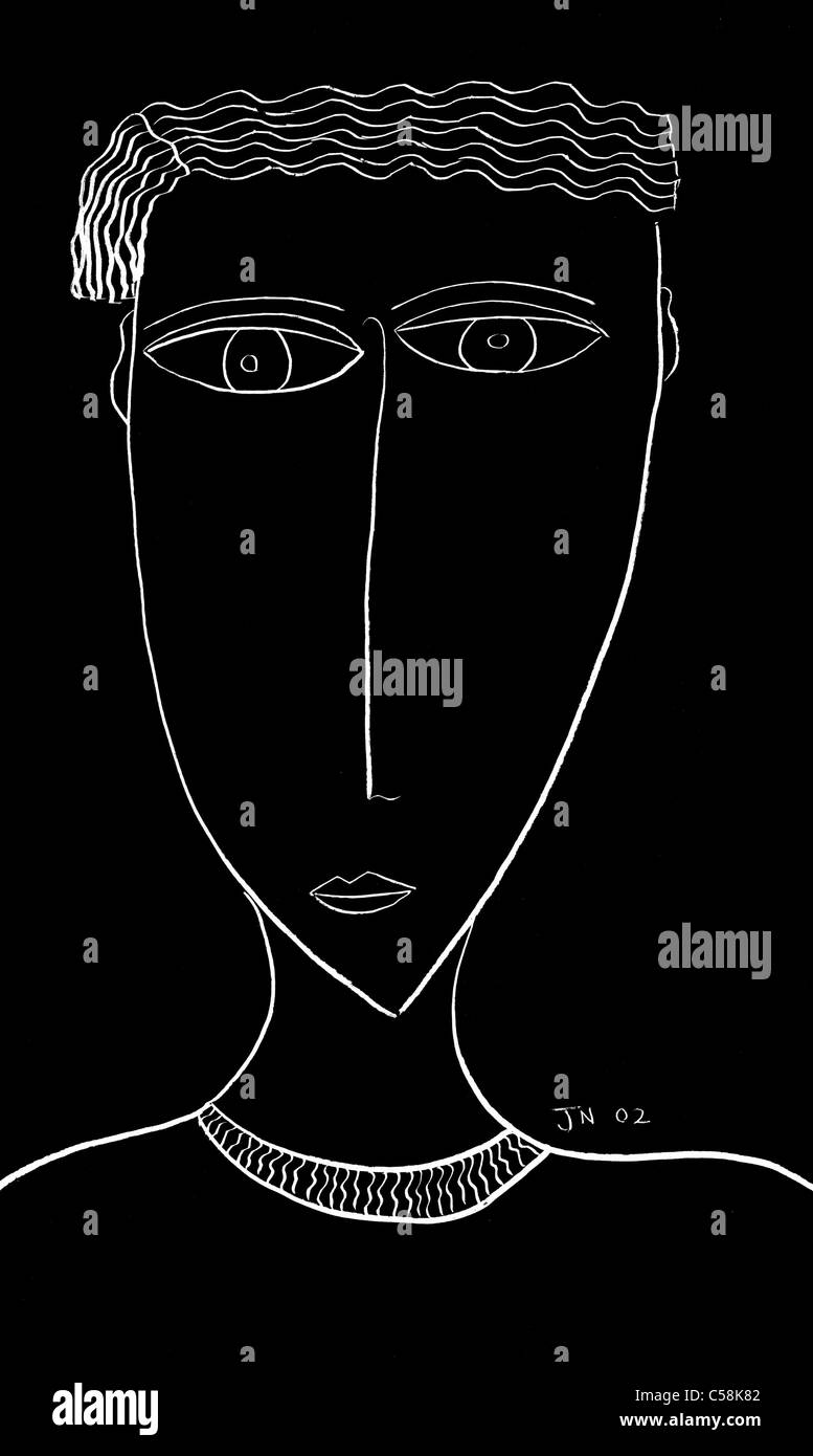 Portrait minimaliste en noir et blanc tête d'homme – dessin de visage au trait Banque D'Images