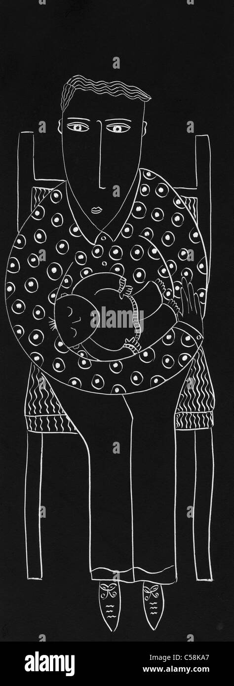 Illustration père et enfant – Art au trait noir et blanc Banque D'Images Illustration père et enfant – Art au trait noir et blanc Banque D'Images