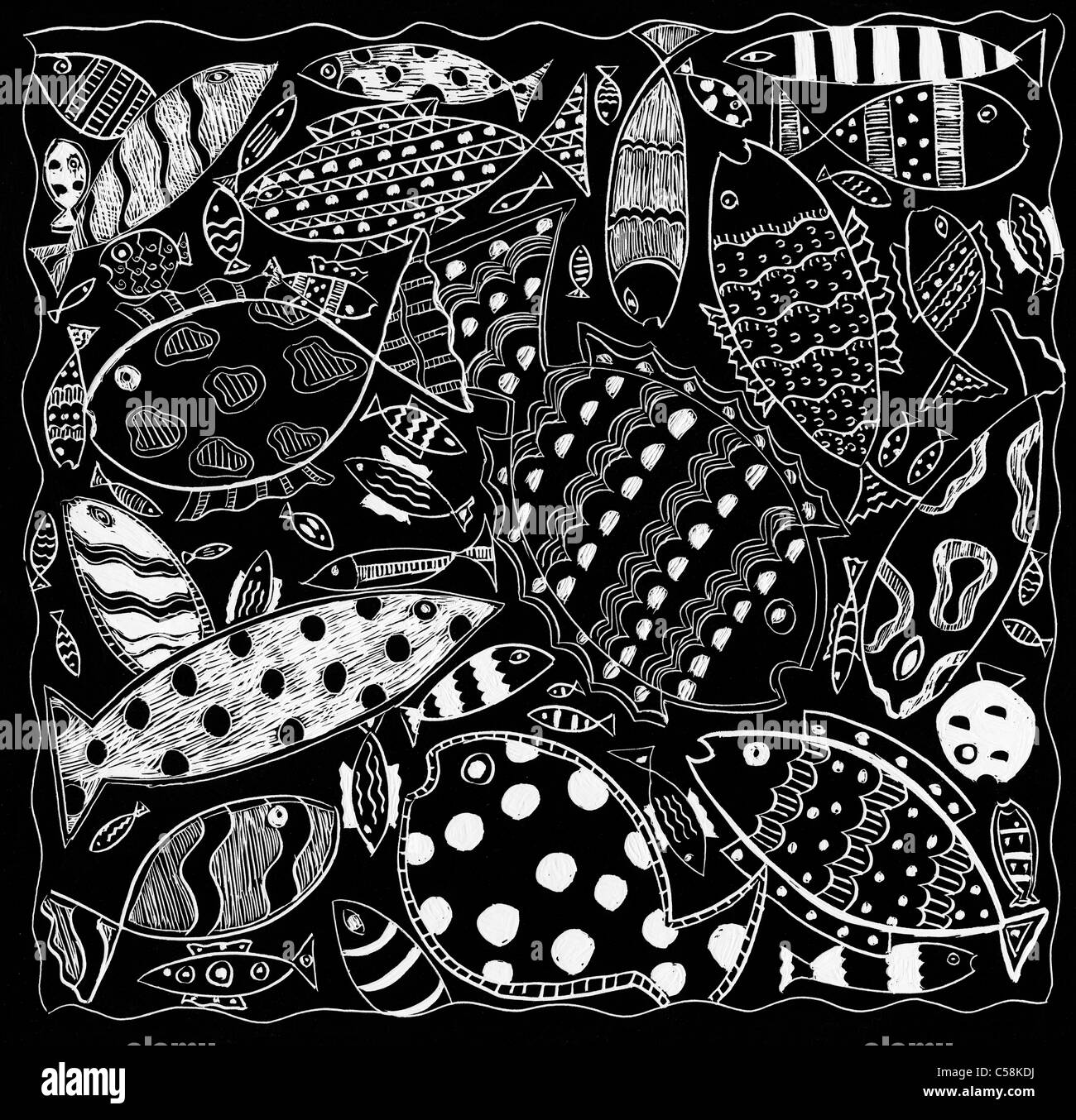 Dessin au trait de motif de poisson complexe – illustration marine abstraite en noir et blanc Banque D'Images