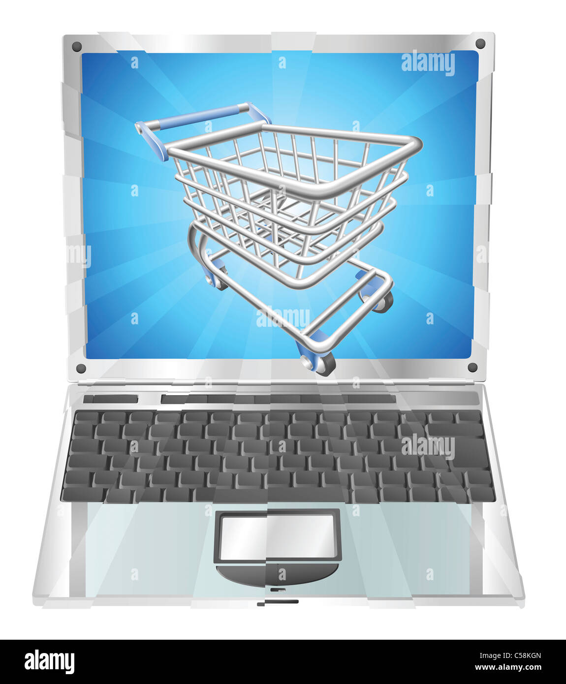 Shopping Internet laptop concept illustration. Panier battant hors de l'écran du portable Banque D'Images