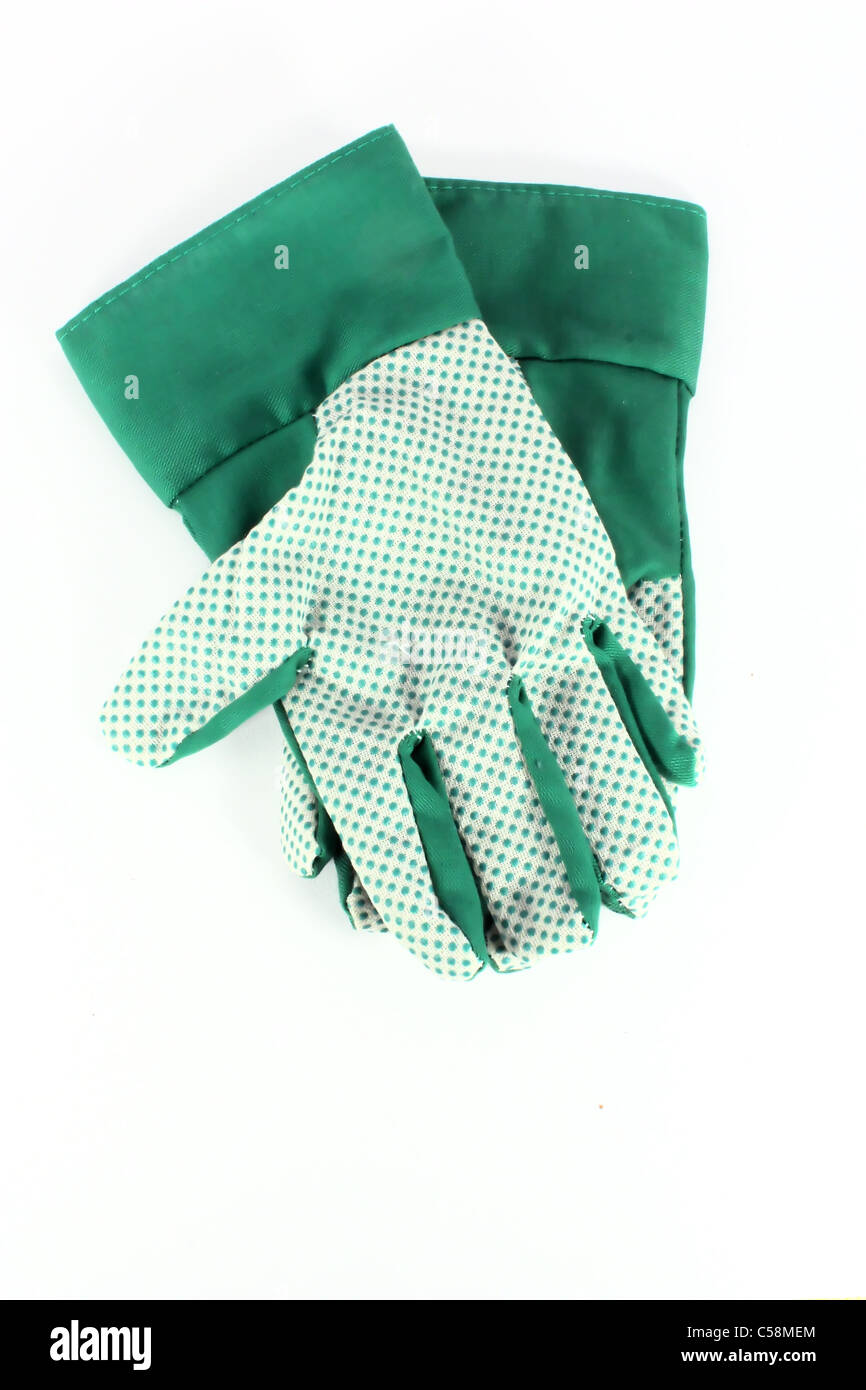 Gants de jardin vert isolé sur fond blanc Banque D'Images