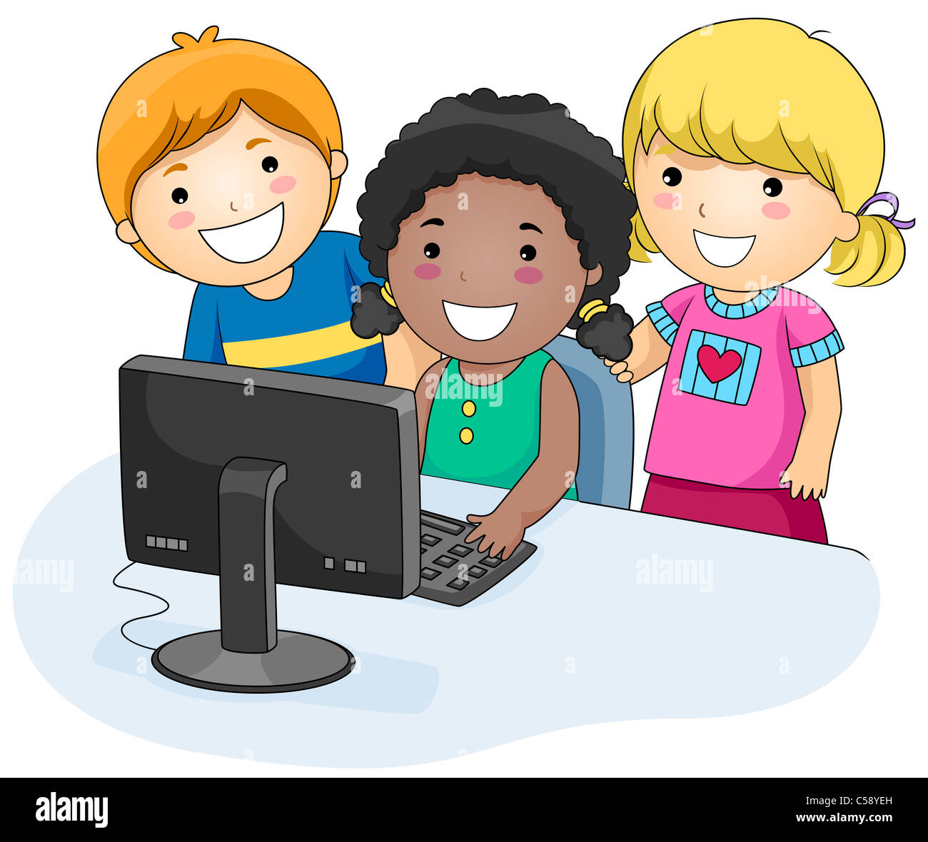 Un petit groupe d'enfants à l'aide d'un ordinateur Banque D'Images