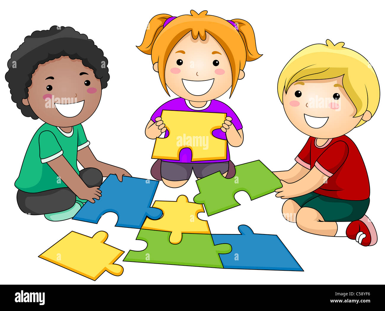 Un petit groupe d'enfants re-construire un puzzle Banque D'Images