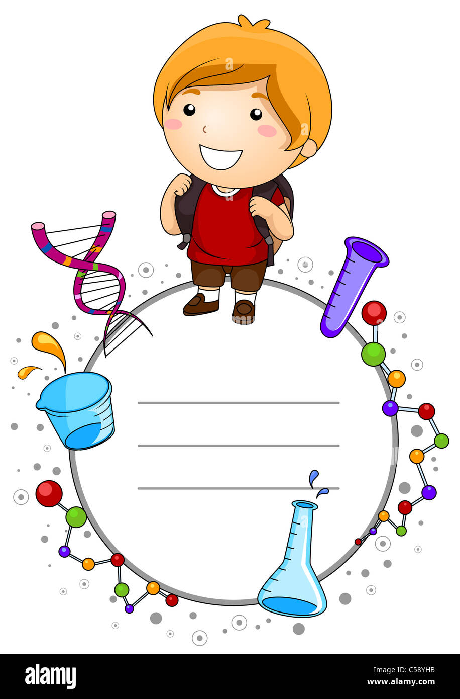 Un mignon petit garçon entouré d'instruments de laboratoire et de symboles relatifs à la science Banque D'Images
