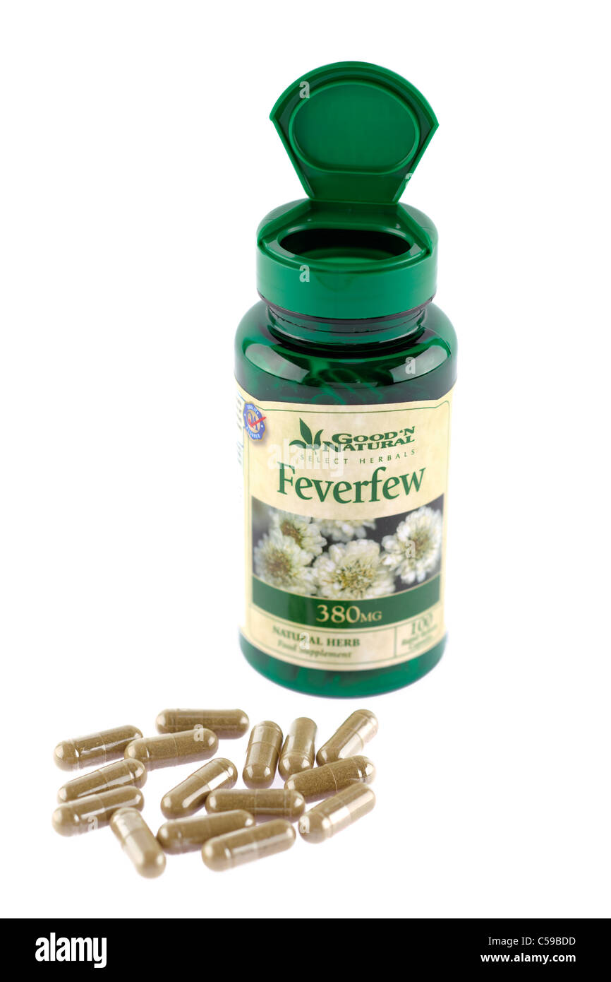 380 mg Fliptop contenant en plastique de bon N remède naturel à base de Feverfew Capsules. Banque D'Images