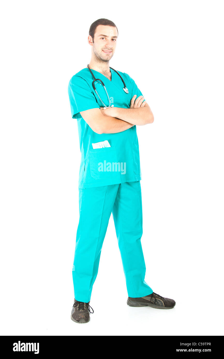 Jeune médecin isolé sur fond blanc Banque D'Images