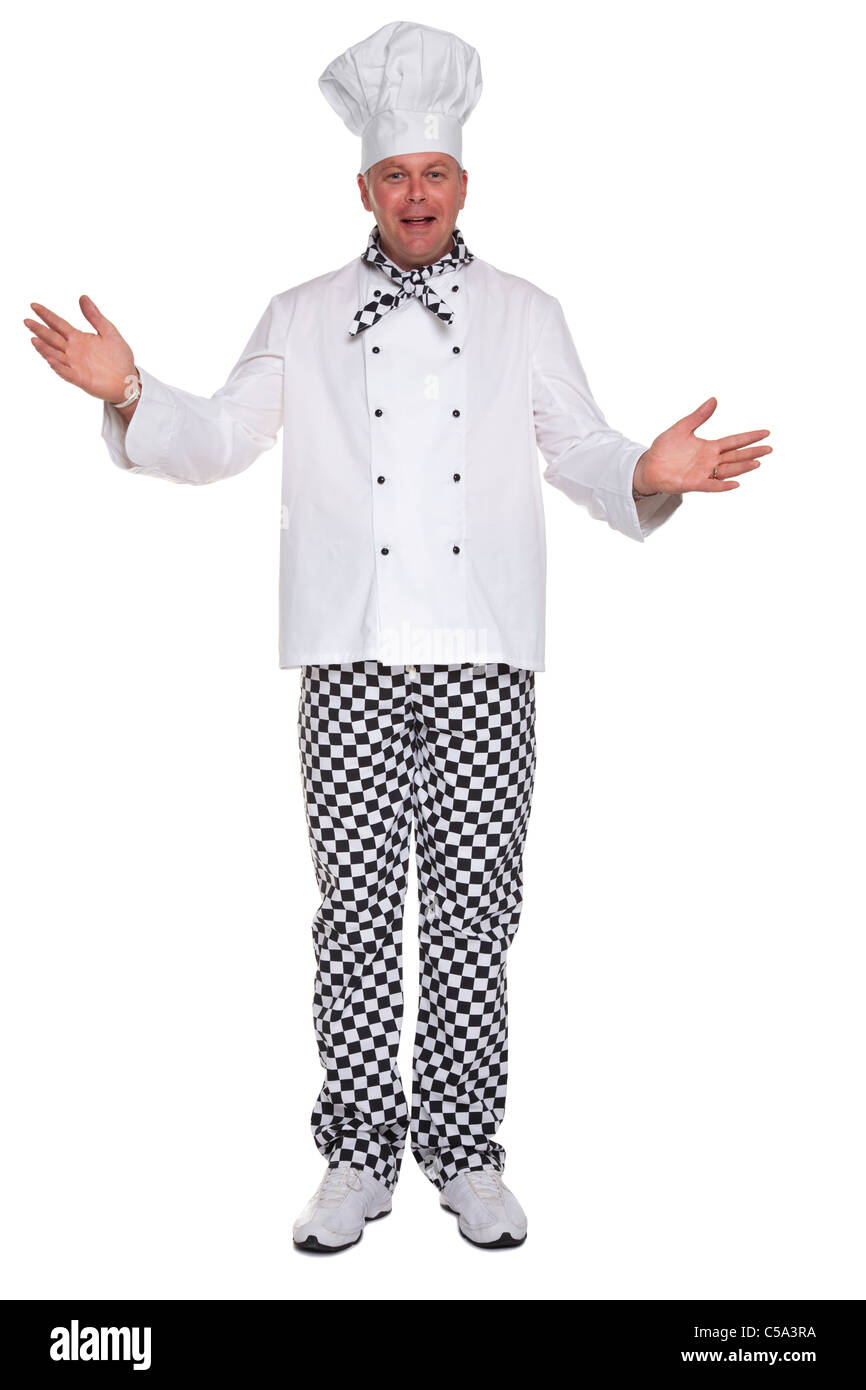 Photo d'un happy chef en uniforme blanc avec ses bras ouverts dans un geste de bienvenue isolé sur un fond blanc. Banque D'Images