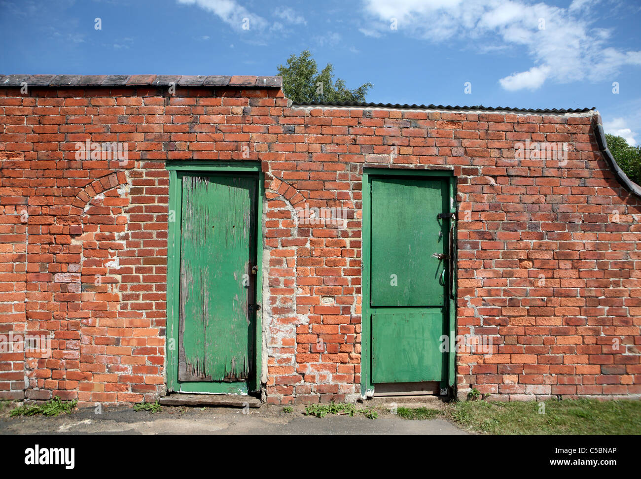 Deux portes vertes dans un vieux mur de brique Banque D'Images