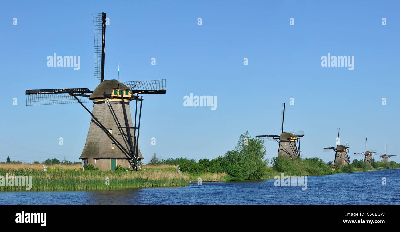 Rangée de moulins à vent le long des polders de chaume canal à Kinderdijk, Site du patrimoine mondial de l'UNESCO au sud de la Hollande, les Pays-Bas Banque D'Images