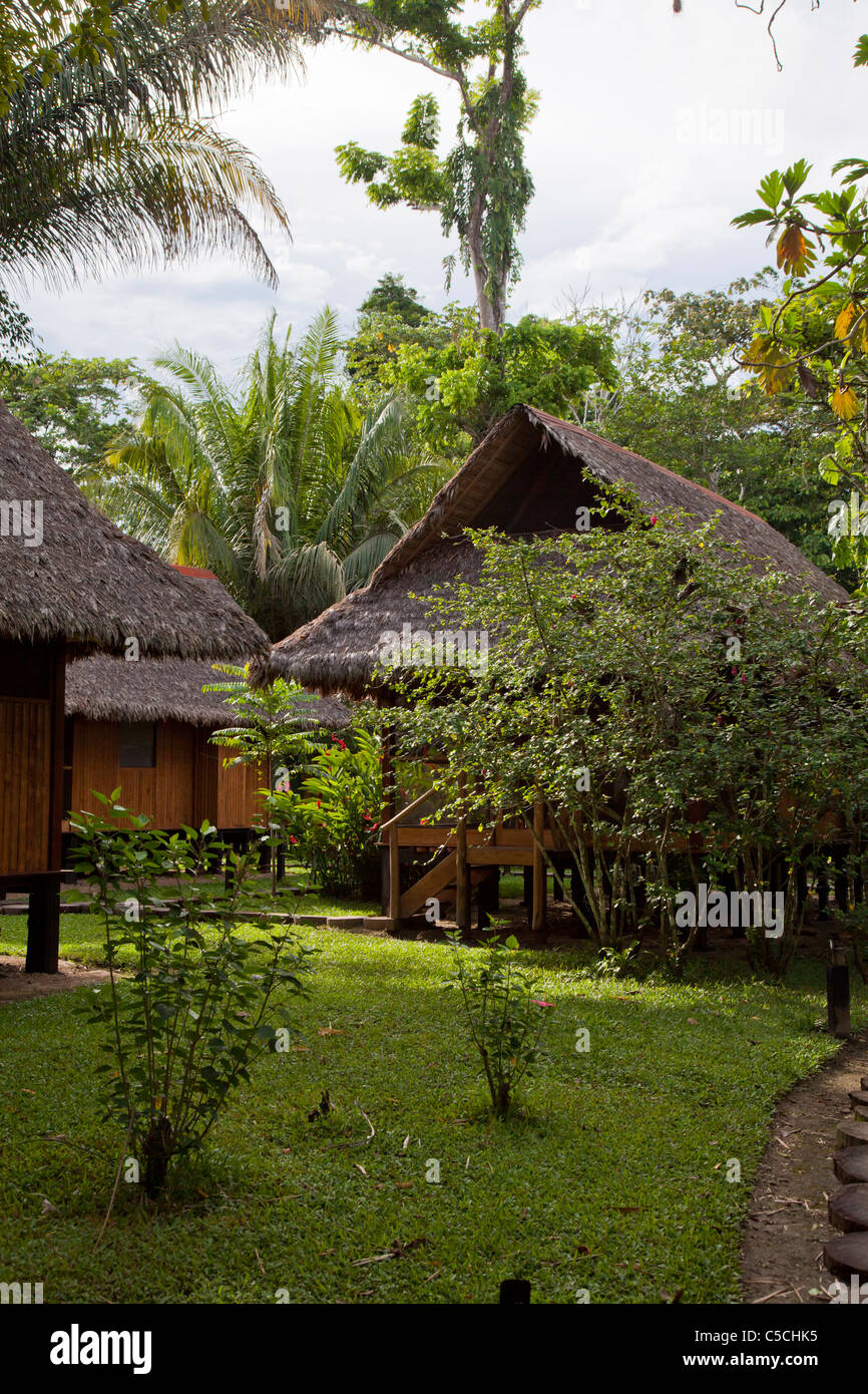 Les jardins paysagés de l'Inkaterra Reserva Amazonica resort dans le parc national Tambopata, Pérou Banque D'Images