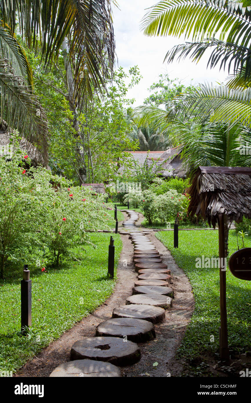Les jardins paysagés de l'Inkaterra Reserva Amazonica resort dans le parc national Tambopata, Pérou Banque D'Images