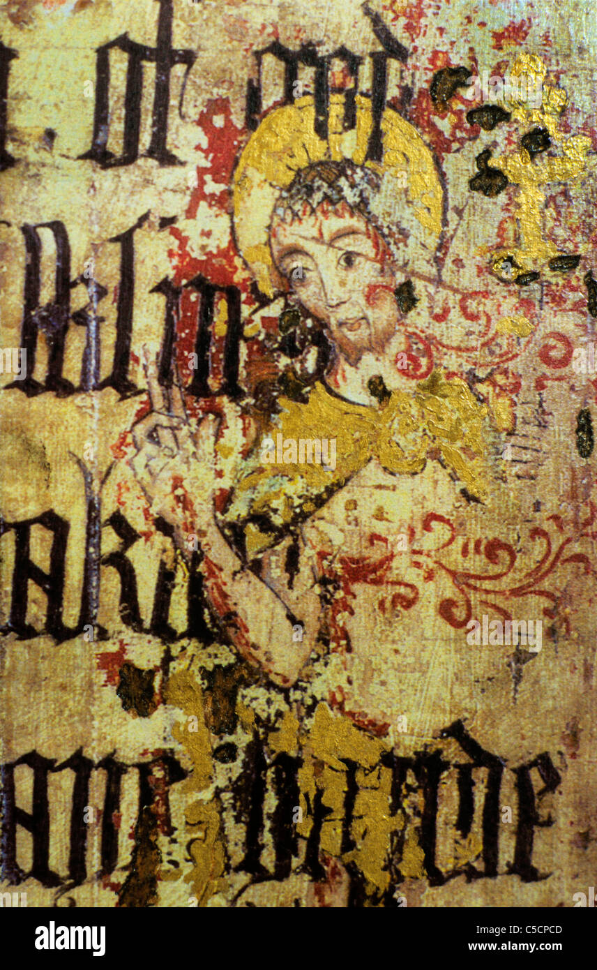 Prieuré Binham, Norfolk, jubé médiéval, Le Christ ressuscité, ou le Christ, homme de douleur surimprimées avec texte de Cranmer Banque D'Images