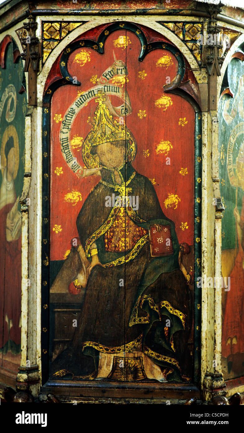 Castle Acre, Norfolk. Saint Grégoire le Grand, chaire du 15ème siècle, l'un des 4 panneaux représentant les quatre médecins français d'Amérique latine Banque D'Images