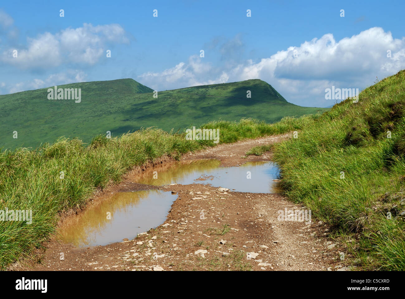 Paysage de montagne avec des nuages et des flaques sur la route Banque D'Images