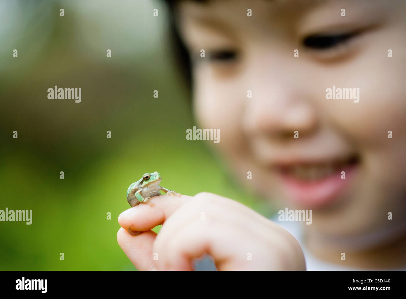Frog sitting on girl's finger Banque D'Images