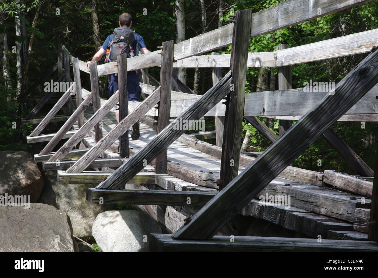 Pemigewasset Wilderness - Un randonneur sur la passerelle en bois qui traverse le bras est de la rivière Pemigewasset dans le New Hampshire. Banque D'Images