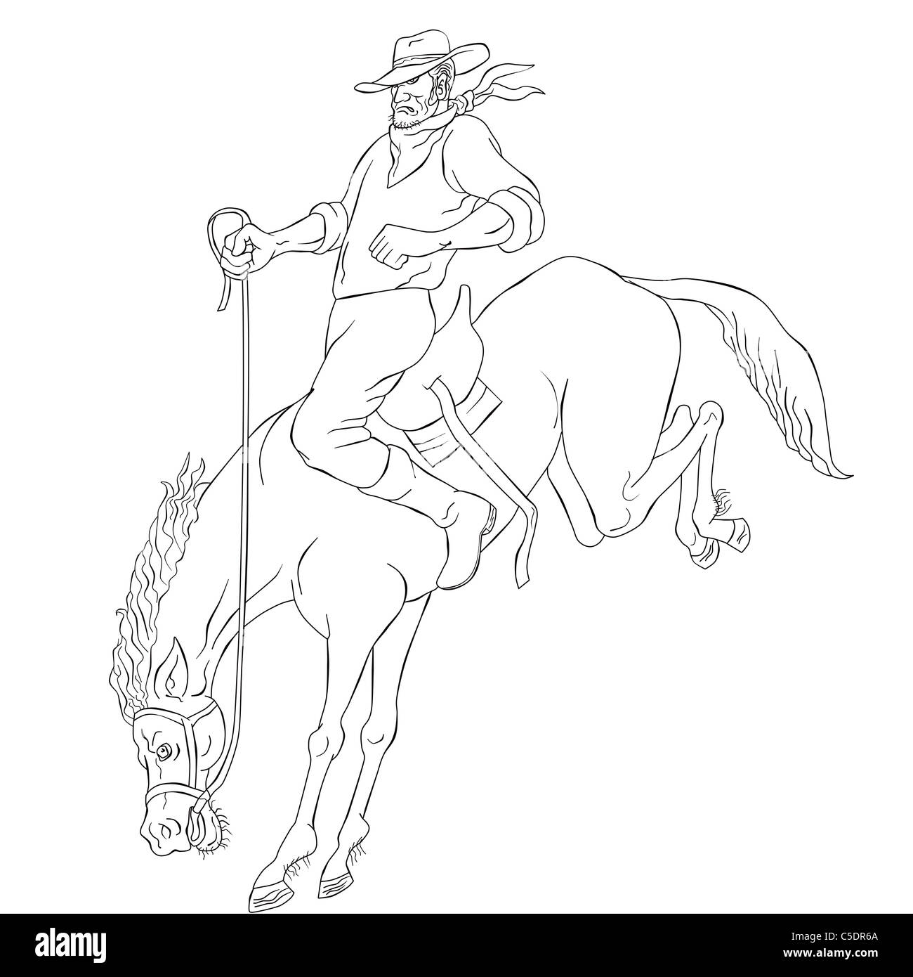 Illustration de rodeo cowboy équitation cheval bronco isolées sur fond blanc en noir et blanc style cartoon Banque D'Images