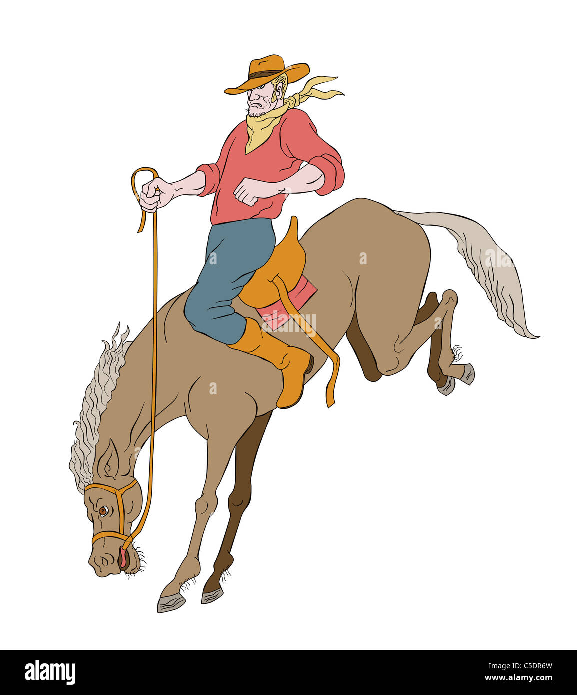 Illustration de rodeo cowboy équitation cheval bronco isolées sur fond blanc style cartoon Banque D'Images