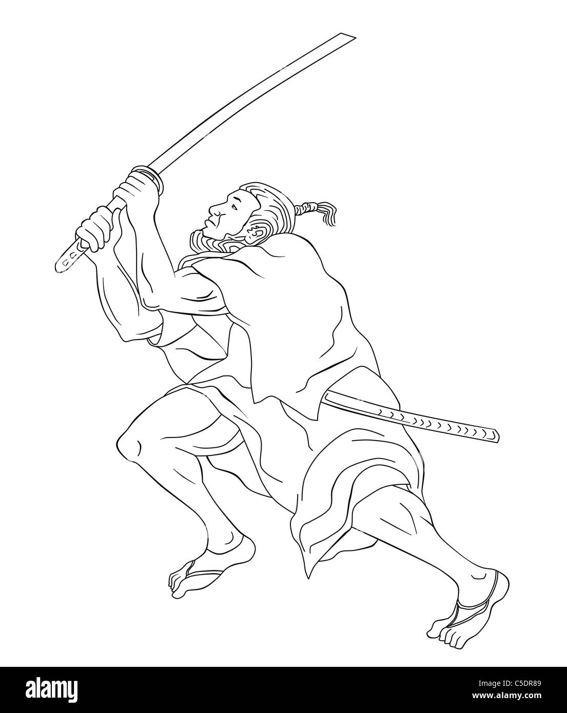 Illustration d'un guerrier Samouraï avec katana sword en position offensive fait en cartoon style noir et blanc sur fond isolé Banque D'Images