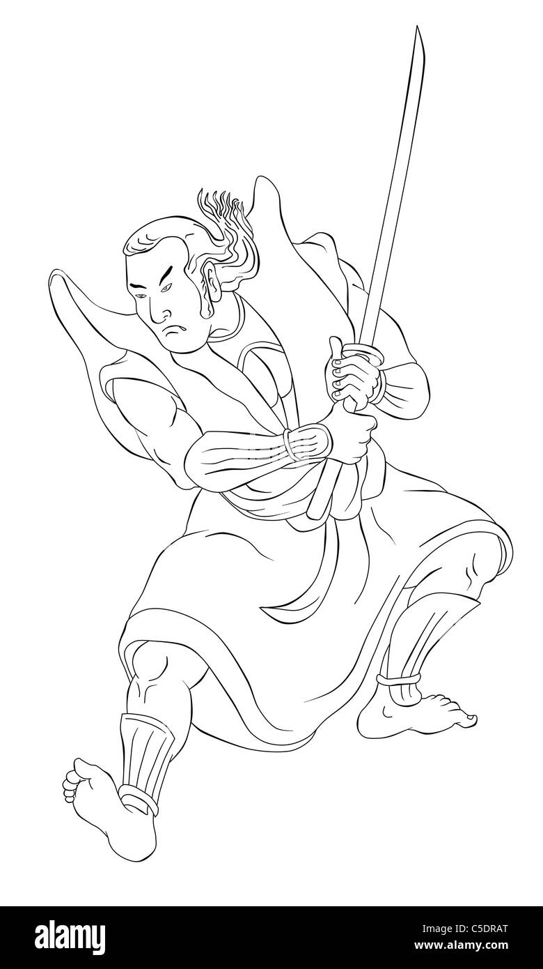 Illustration d'un guerrier Samouraï avec katana sword en position offensive fait en cartoon style noir et blanc sur fond isolé Banque D'Images