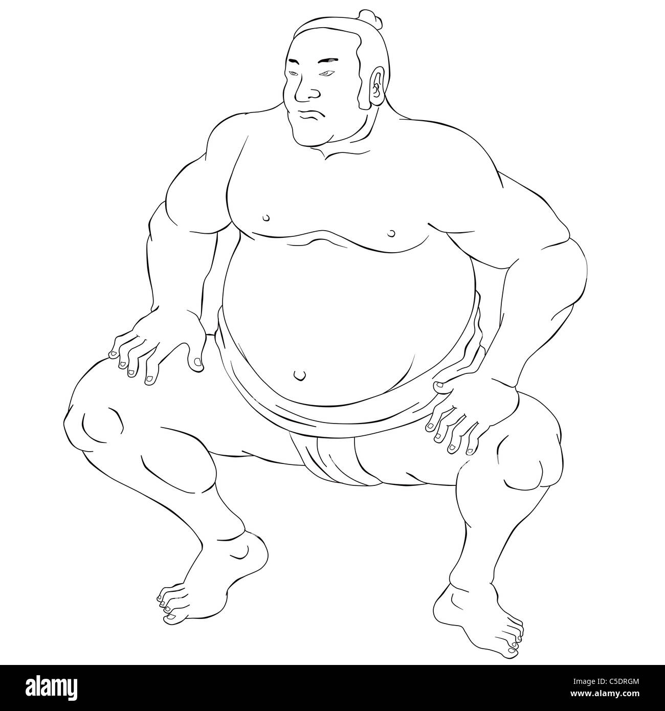 Illustration d'un lutteur de sumo japonais réalisé en noir et blanc style cartoon sur isolé sur fond blanc Banque D'Images