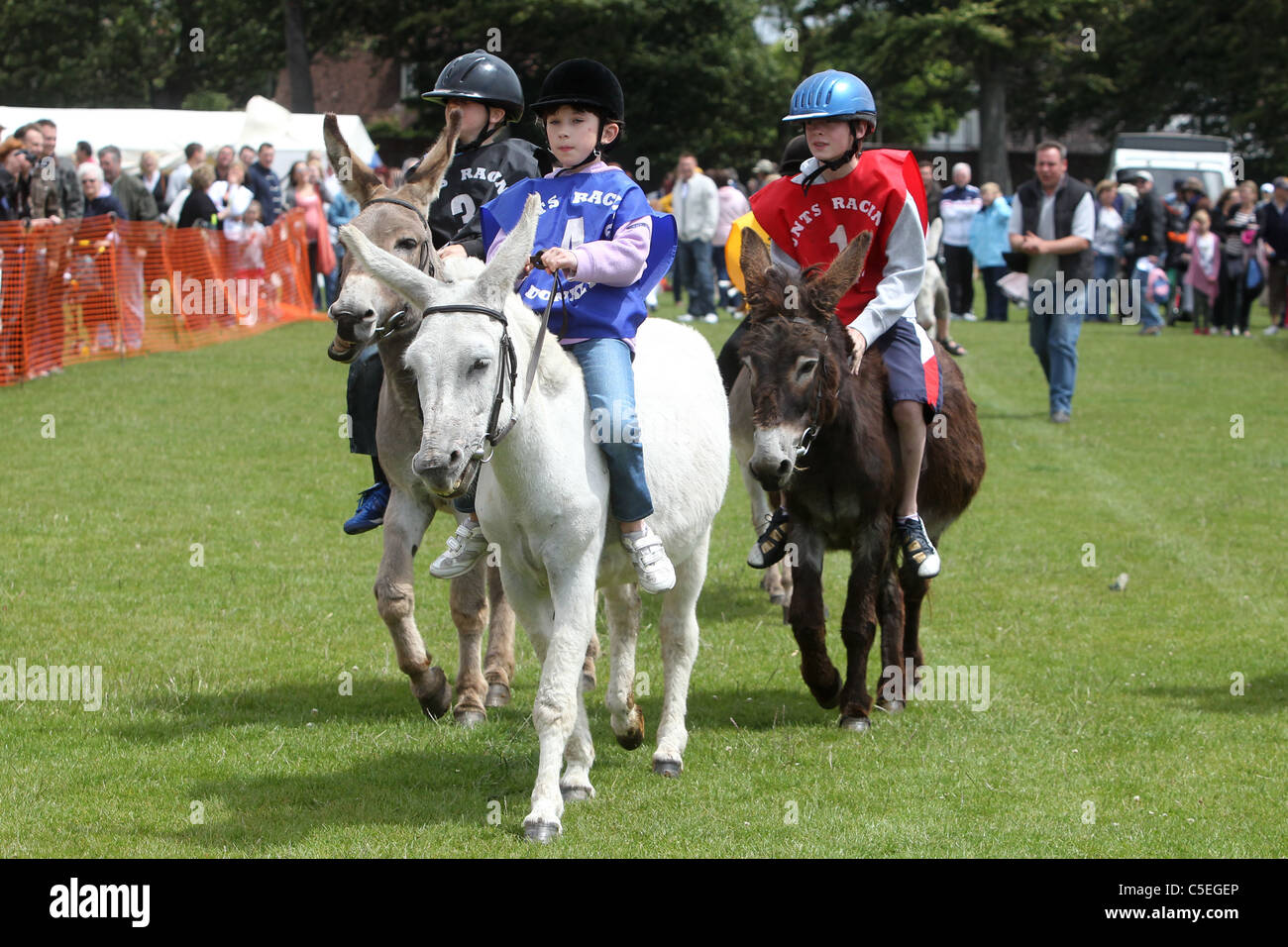 Course des enfants dans un Derby âne dans le parc à Shoreham, East Sussex, UK. Banque D'Images