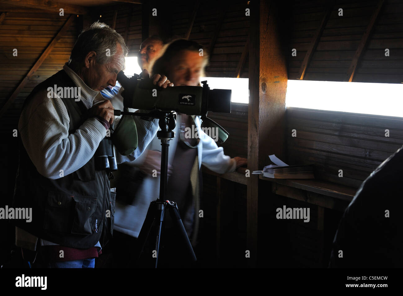 En observateur à la masquer par télescope sur la sauvagine dans nature reserve Parc du Marquenterre, Baie de Somme, France Banque D'Images