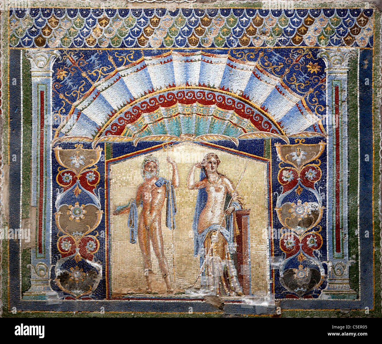 Neptune et Amphitrite, mosaïque murale dans chambre numéro 22, Herculanum (Ercolano), Naples, Campanie, Italie Banque D'Images