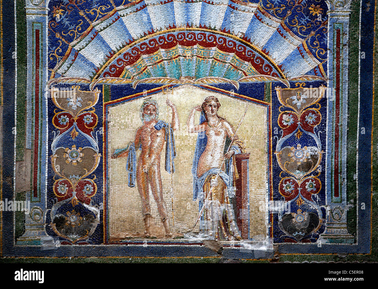 Neptune et Amphitrite, mosaïque murale dans chambre numéro 22, Herculanum (Ercolano), Naples, Campanie, Italie Banque D'Images