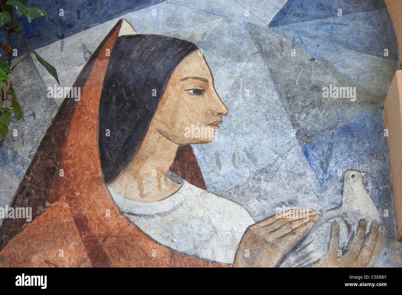 Détail d'une peinture d'une femme tenant un pigeon blanc décore Jardines de jardins de Murillo à Séville, Espagne. Banque D'Images