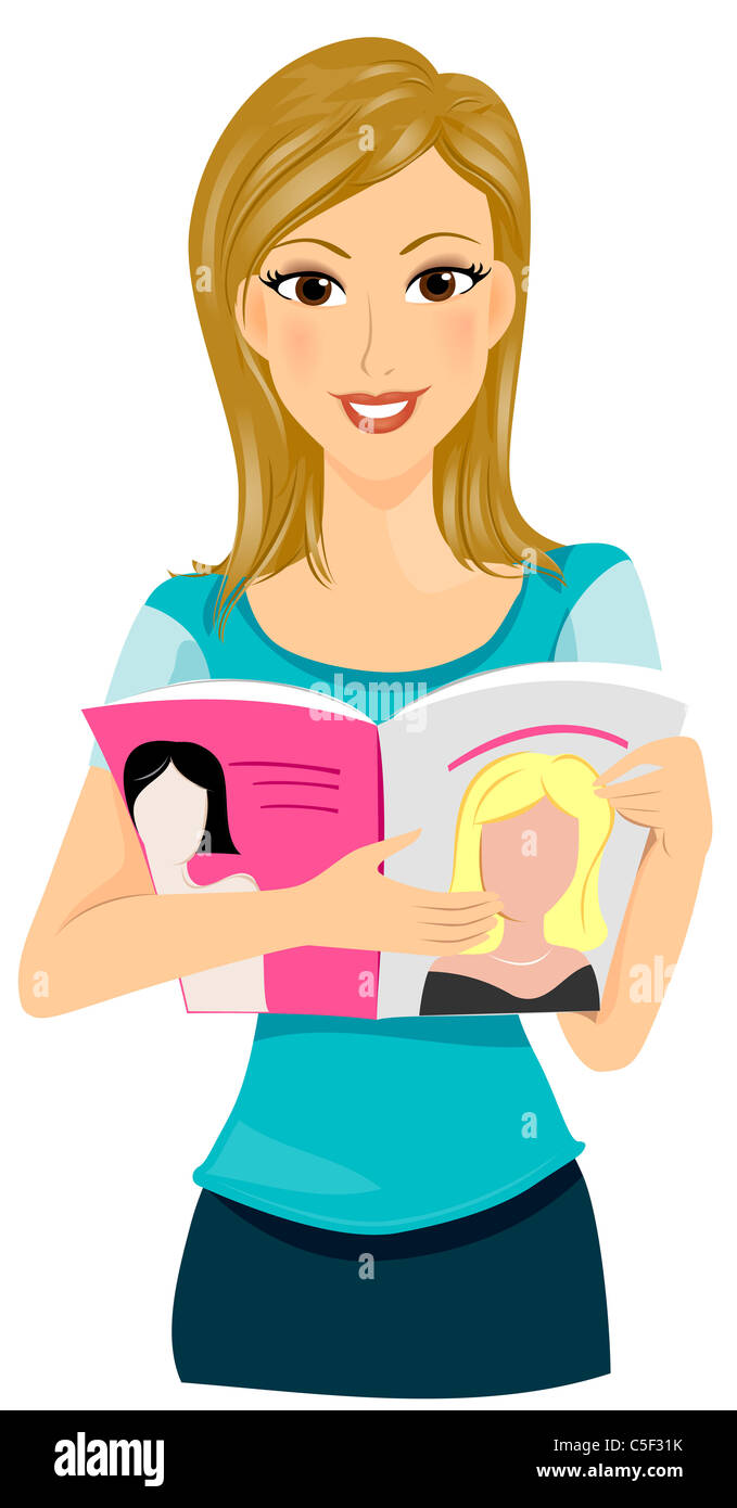 Une dame souriante la lecture d'un magazine pour femmes Banque D'Images