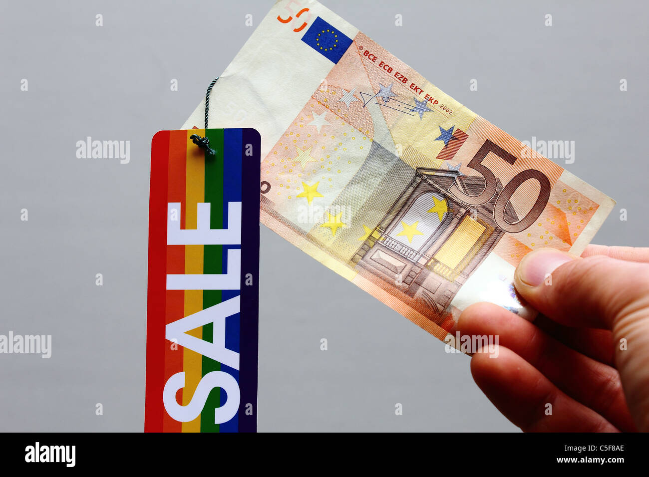 Une note de 50 euros avec un sale sign Banque D'Images