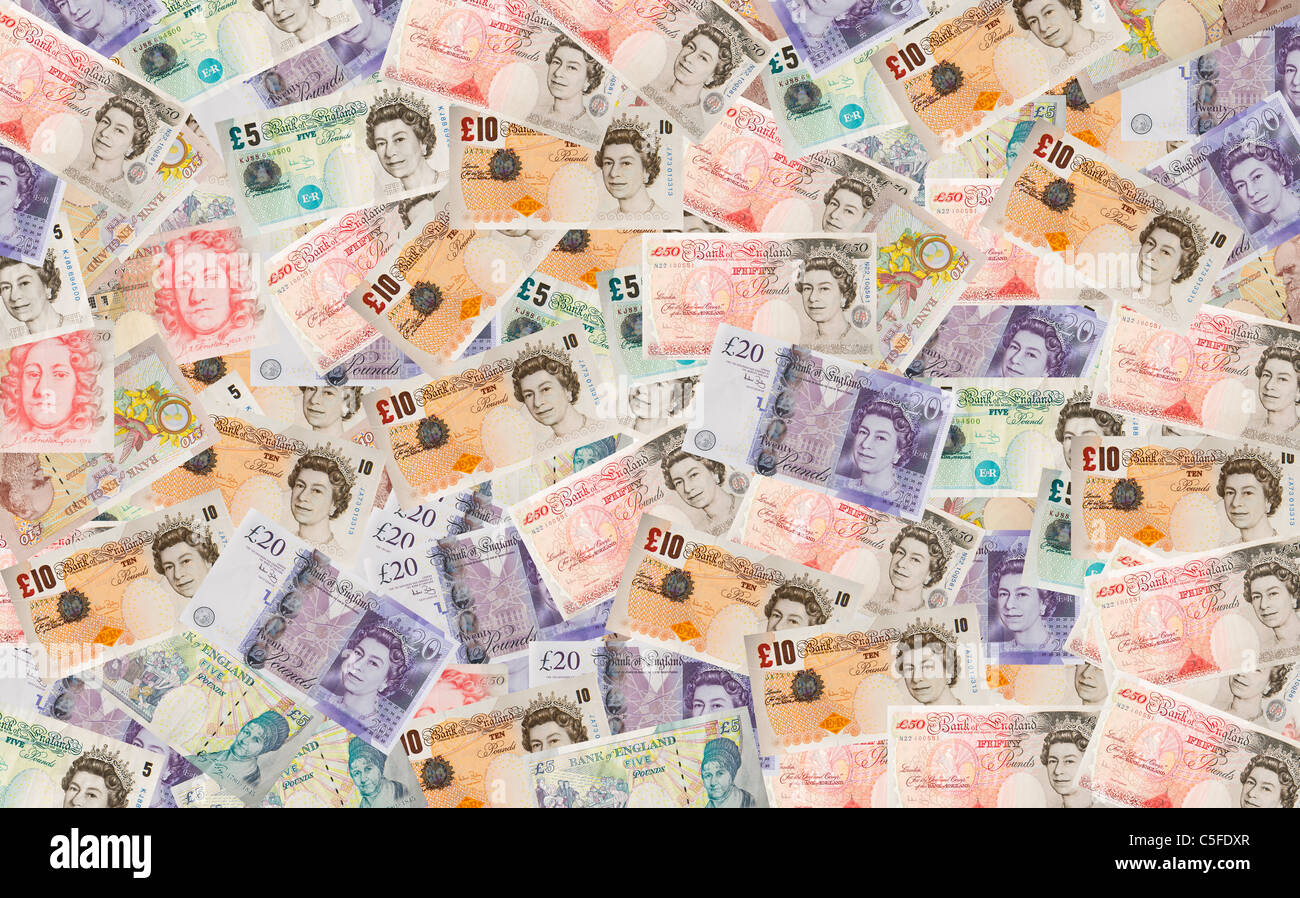 Un assortiment de livres sterling notes 5 10 20 50 50 20 10 5 Banque D'Images