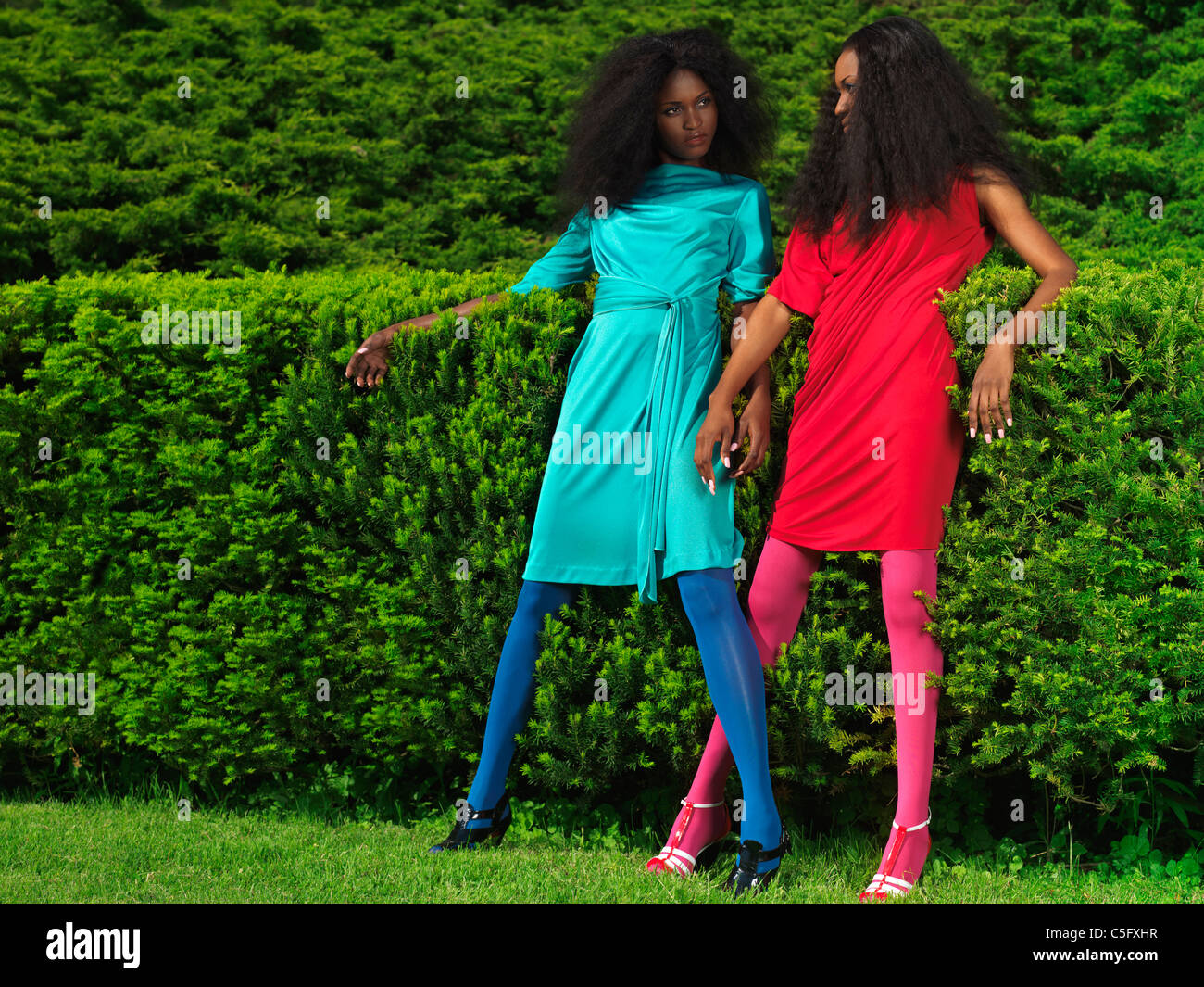 Licence disponible à MaximImages.com - deux belles jeunes femmes portant des couleurs vives habillées dans un parc vert Banque D'Images