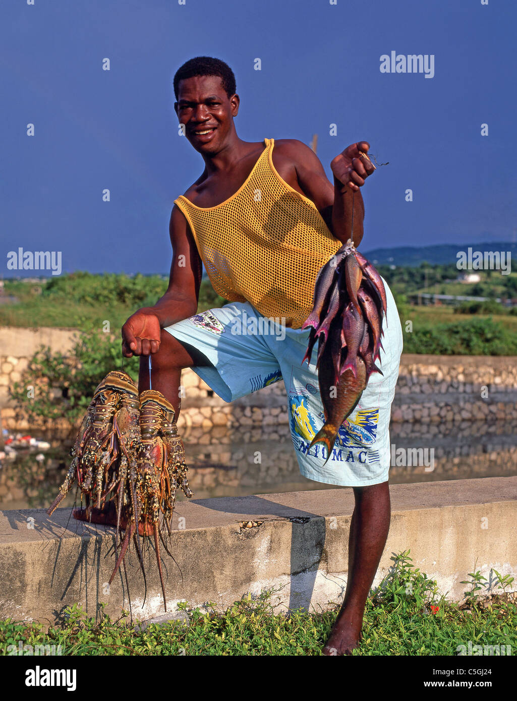 Man holding local capture, Ocho Ríos, paroisse de Saint Ann, Jamaïque, Antilles, Caraïbes Banque D'Images