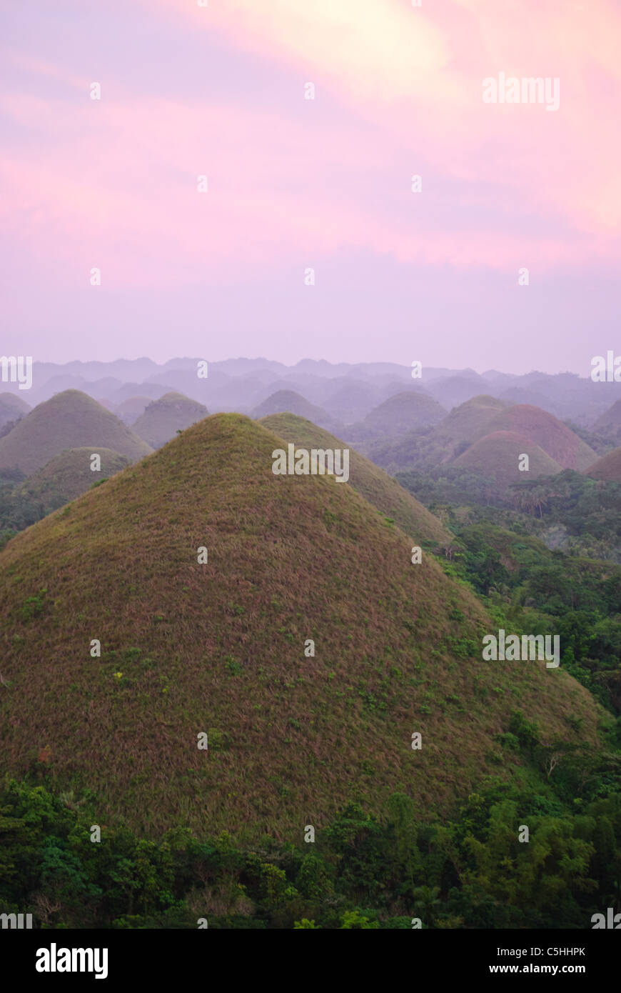 Collines de chocolat au crépuscule, monticules naturels sur l'île de Bohol Banque D'Images