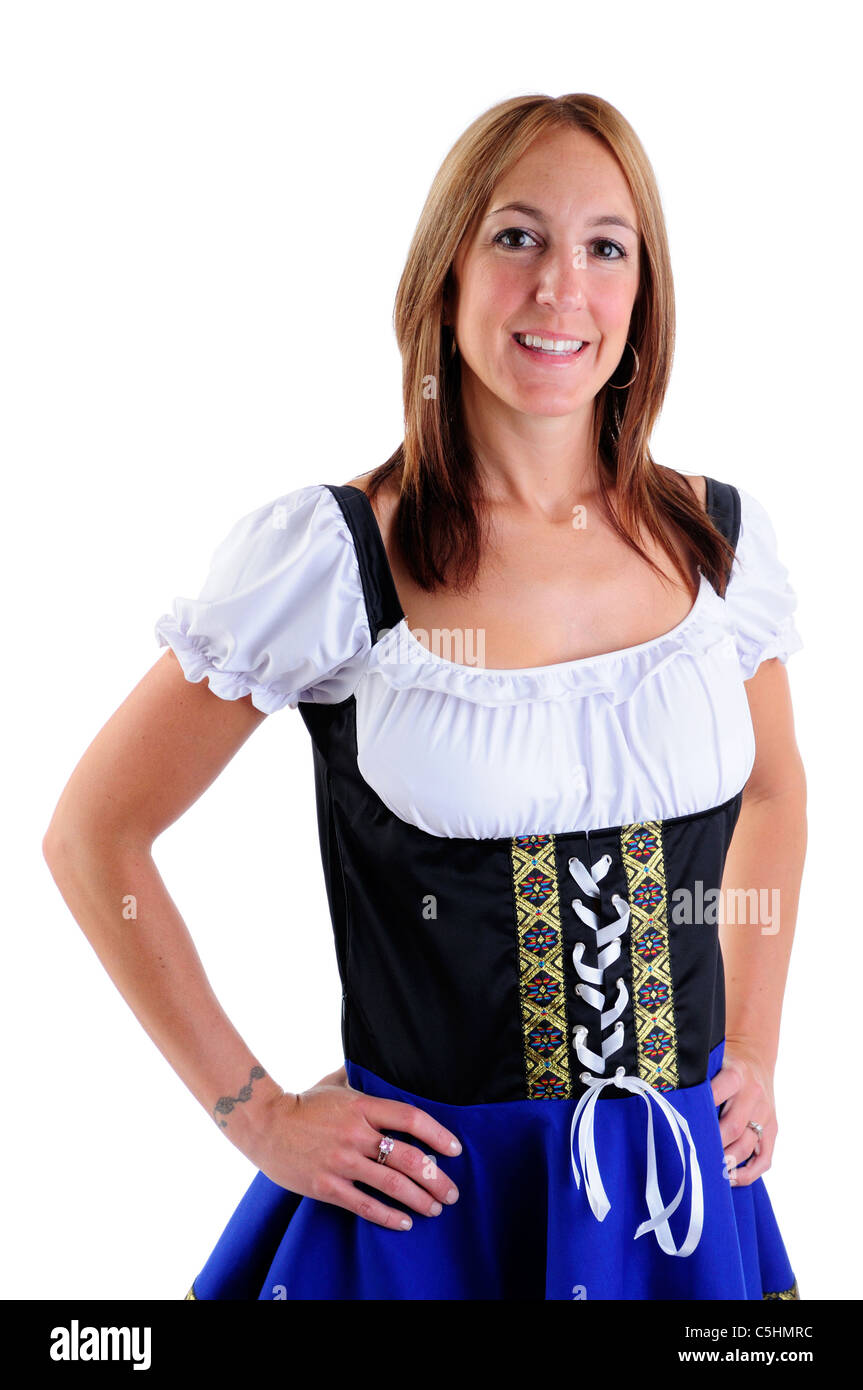 Belle femme portant un costume pour l'Oktoberfest Dirndl traditionnelles célébrations Banque D'Images