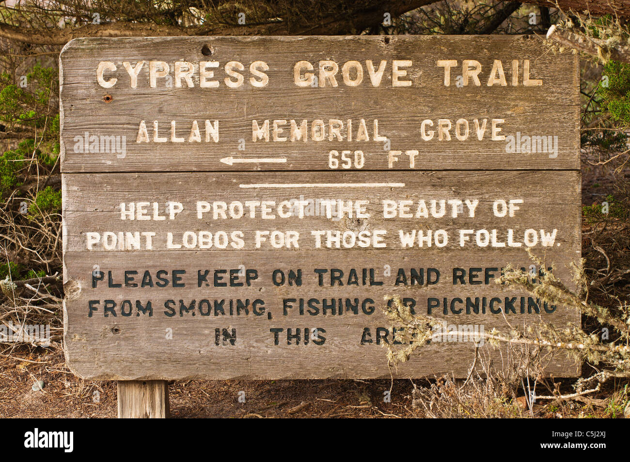 Cypress Grove Trail signe, Point Lobos State Reserve, Carmel, Californie Banque D'Images
