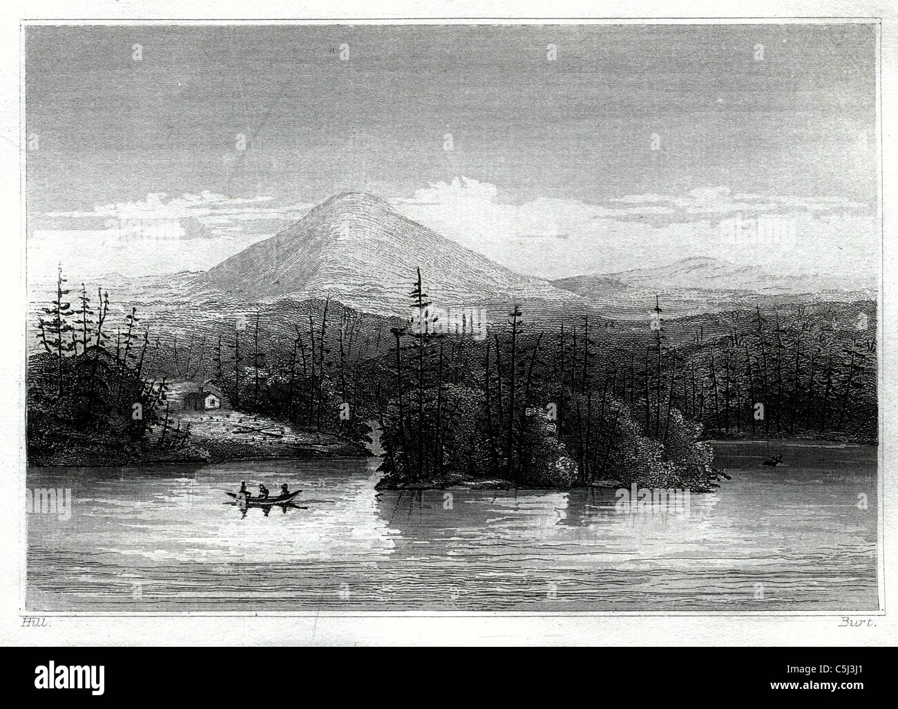 Vue sur le lac Raquette - scène de montagne Adirondack de 'The Adirondack; or Life in the Woods' par J. T. Headley, 1849 Banque D'Images